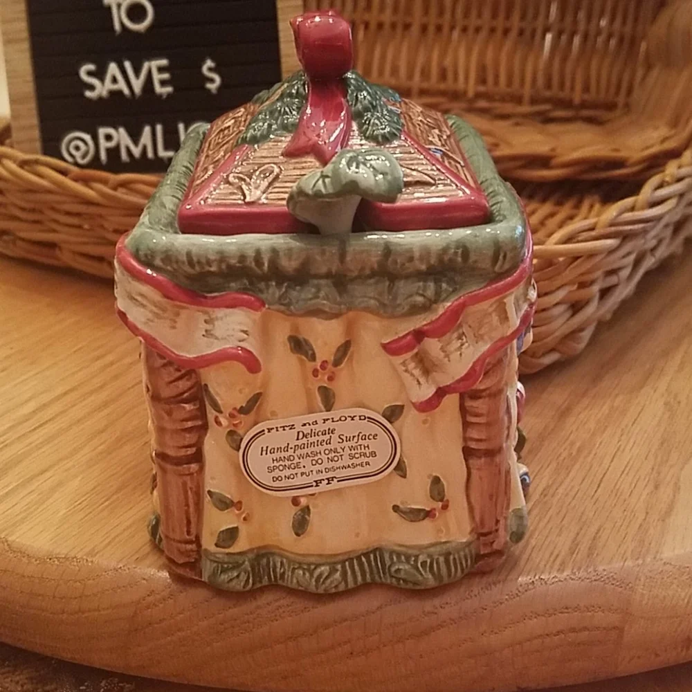 Fitz & Floyd Christmas Sugar Bowl w/Lid & Spoon Night Before Christmas